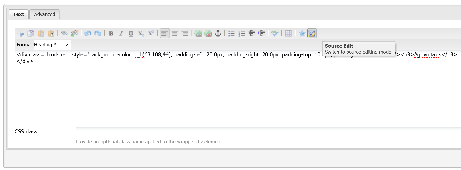 Example of the source edit button enabled